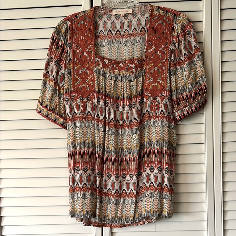 Solitaire Boho Colorful Patterned Women's Top Size S